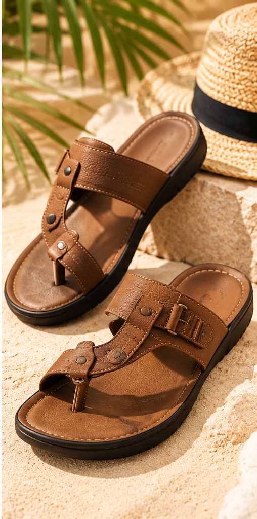 DANN COPR #008  Men's Premium Brown Leather-Look Summer Sandals – Casual Open-Toe Comfort Footwear